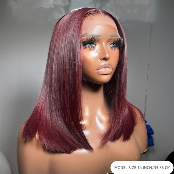 180 Density Dark Burgundy 99J Lace Front Bob Wig Human Hair