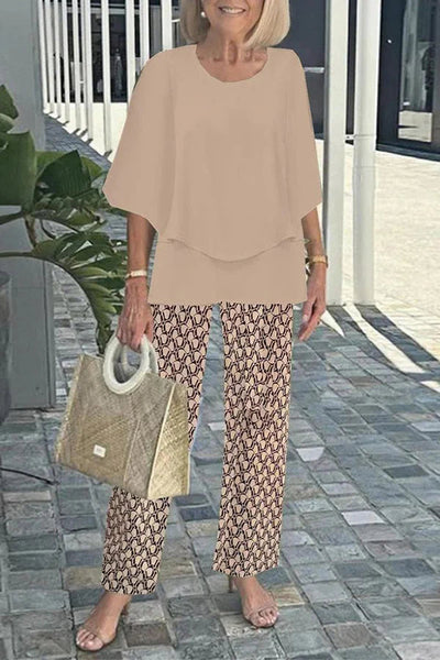 Fashion Round Neck Half Sleeve Loose Top and Elastic Waist Casual Straight Pants Set