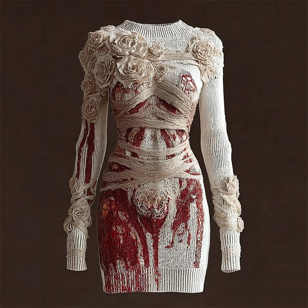 Halloween Bloody Roses Bandages Cozy Knit Sweater Dress