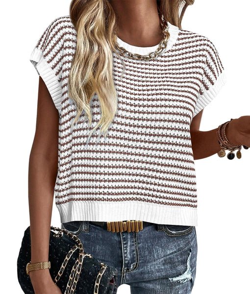 PRETTYGARDEN Womens Short Sleeve Sweater Spring Summer 2025 Round Neck Striped Pullover Cap Sleeve Knit Sweater Vest Tops