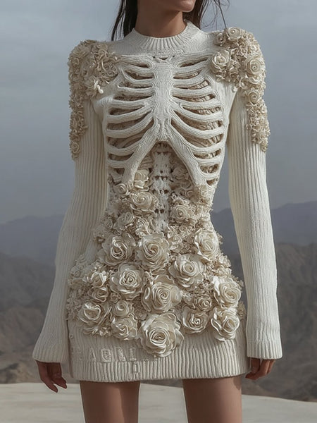 Women's White Rose Skull Crochet Cozy Knit Mini Sweater Dress