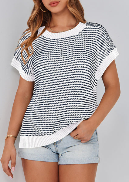 PRETTYGARDEN Womens Short Sleeve Sweater Spring Summer 2025 Round Neck Striped Pullover Cap Sleeve Knit Sweater Vest Tops