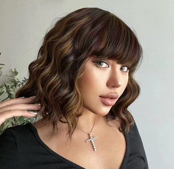 Wavy Short Red Wigs with Bangs for Women Bob Wig Shoulder Length for Fashion Curly Hair 150% Density Synthetic Heat Resistant Fiber for Daily Cosplay
