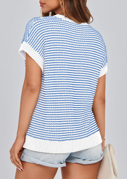 PRETTYGARDEN Womens Short Sleeve Sweater Spring Summer 2025 Round Neck Striped Pullover Cap Sleeve Knit Sweater Vest Tops