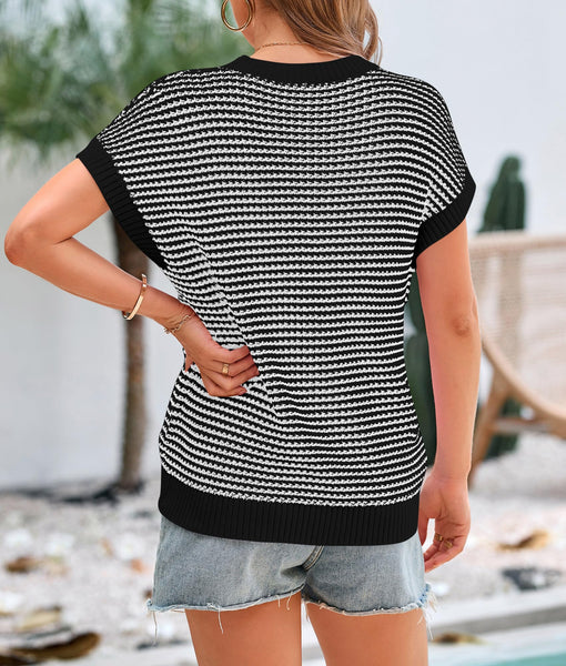 PRETTYGARDEN Womens Short Sleeve Sweater Spring Summer 2025 Round Neck Striped Pullover Cap Sleeve Knit Sweater Vest Tops