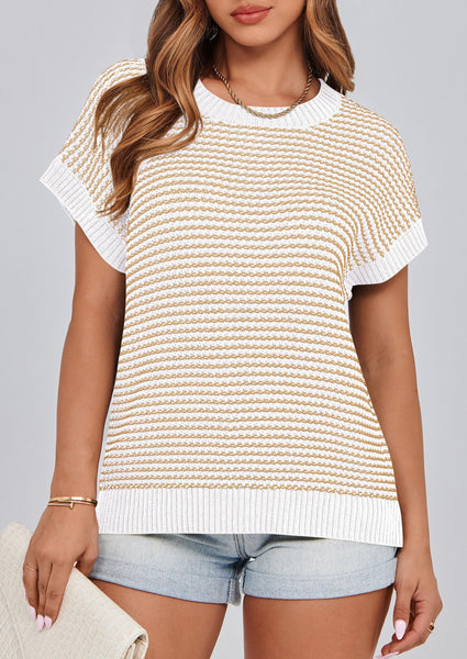PRETTYGARDEN Womens Short Sleeve Sweater Spring Summer 2025 Round Neck Striped Pullover Cap Sleeve Knit Sweater Vest Tops