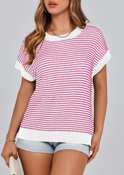 PRETTYGARDEN Womens Short Sleeve Sweater Spring Summer 2025 Round Neck Striped Pullover Cap Sleeve Knit Sweater Vest Tops