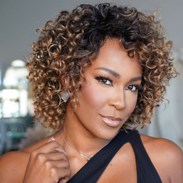 Chic Ombre Mix Color Short Cut Curly Put On & Go Wig 100% Human Hair