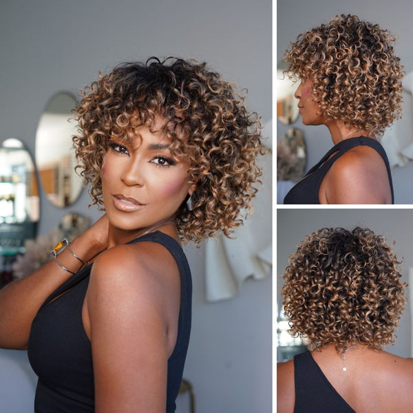 Chic Ombre Mix Color Short Cut Curly Put On & Go Wig 100% Human Hair