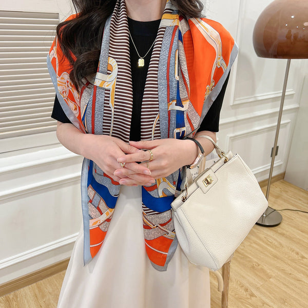 Large Square Scarf Simulation Silk Scarf Female Fashion Bandana Hairstyle