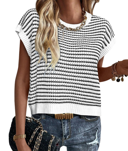 PRETTYGARDEN Womens Short Sleeve Sweater Spring Summer 2025 Round Neck Striped Pullover Cap Sleeve Knit Sweater Vest Tops