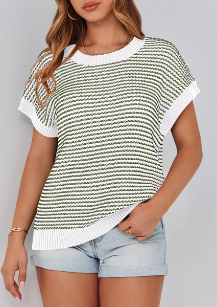 PRETTYGARDEN Womens Short Sleeve Sweater Spring Summer 2025 Round Neck Striped Pullover Cap Sleeve Knit Sweater Vest Tops