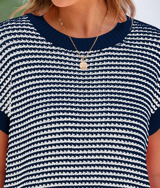 PRETTYGARDEN Womens Short Sleeve Sweater Spring Summer 2025 Round Neck Striped Pullover Cap Sleeve Knit Sweater Vest Tops