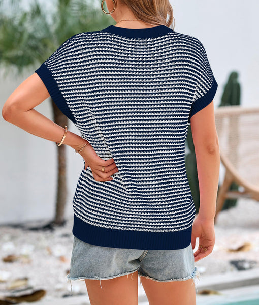 PRETTYGARDEN Womens Short Sleeve Sweater Spring Summer 2025 Round Neck Striped Pullover Cap Sleeve Knit Sweater Vest Tops