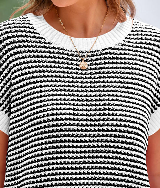 PRETTYGARDEN Womens Short Sleeve Sweater Spring Summer 2025 Round Neck Striped Pullover Cap Sleeve Knit Sweater Vest Tops