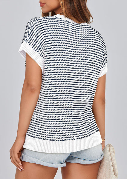 PRETTYGARDEN Womens Short Sleeve Sweater Spring Summer 2025 Round Neck Striped Pullover Cap Sleeve Knit Sweater Vest Tops