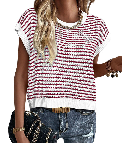 PRETTYGARDEN Womens Short Sleeve Sweater Spring Summer 2025 Round Neck Striped Pullover Cap Sleeve Knit Sweater Vest Tops