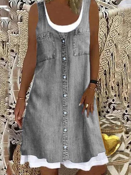Round Neck Fake Two Pieces Double Pockets Sleeveless Dress