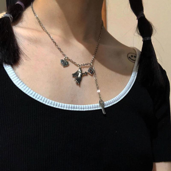 Angel Heart Lock Key Necklace