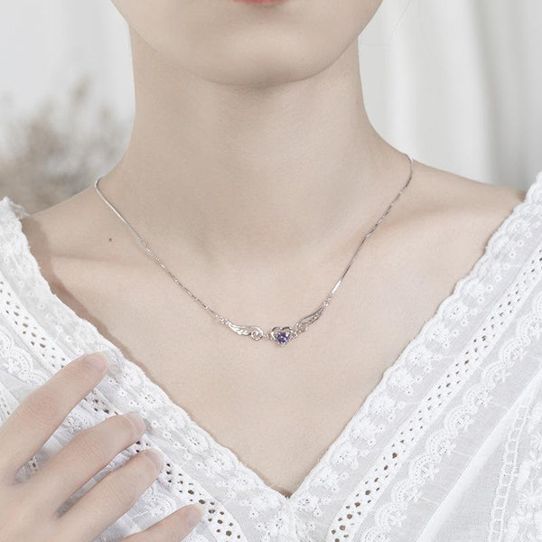 Heart Wings CZ Diamond Silver Necklace