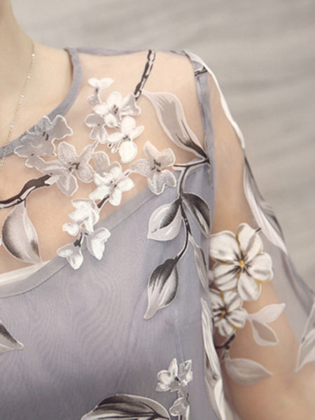 Floral Printed See-Through Midi Skater Dress
