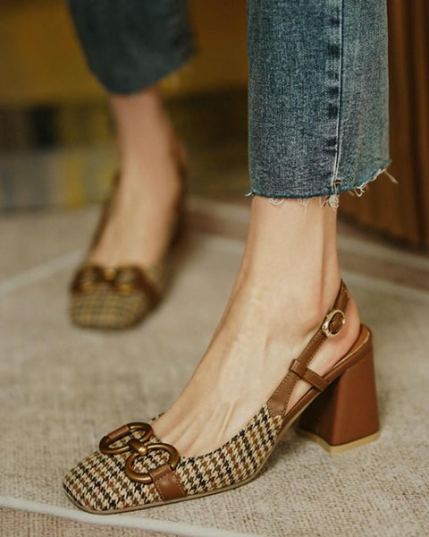 Square-toe Houndstooth Print Splicing Buckle High Heels