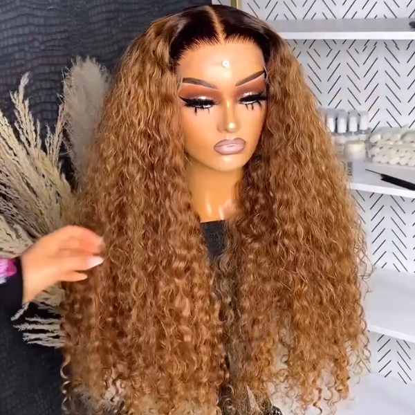 Caramel Brown Water Wave Lace Front Human Hair Wig Dark Root Lace Front Ombre Color Wig