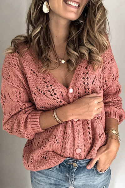 Casual Solid Hollowed Out Buckle V Neck Tops(4 Colors)