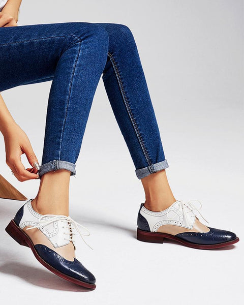 Contrast Color Perforated Lace-Up Oxfords