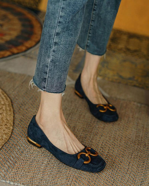 Square-toe Solid Color Splicing Chain Suede Flat Shoes