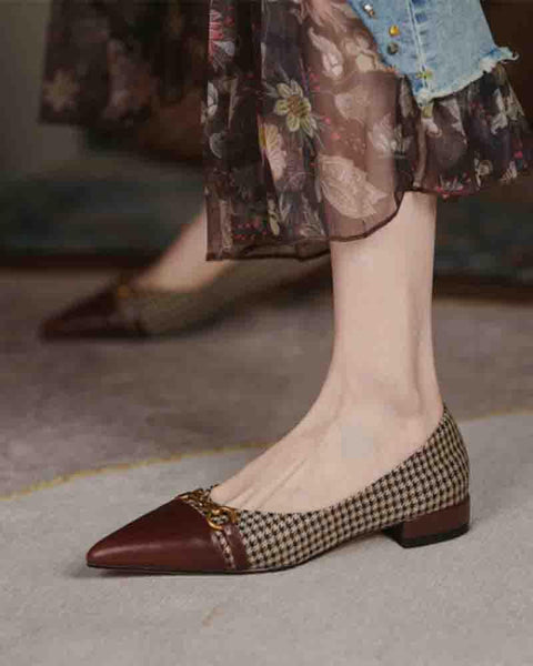 Pointed-toe Houndstooth Splicing Buckle Flat Slip-on