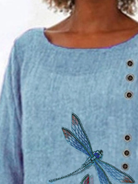 Casual printed long-sleeved dragonfly T-shirt
