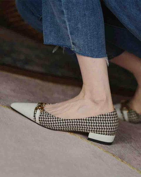 Pointed-toe Houndstooth Splicing Buckle Flat Slip-on