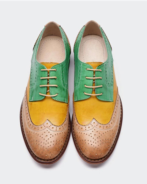 Contrast Color Perforated Lace-Up Oxfords