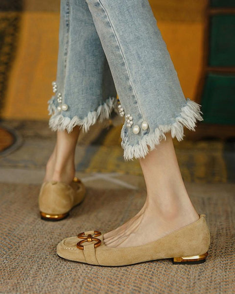 Square-toe Solid Color Splicing Chain Suede Flat Shoes