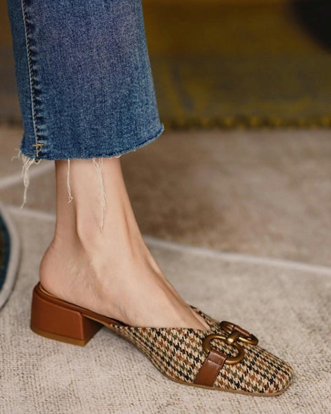 Square-toe Houndstooth Print Splicing Buckle Muller Shoes