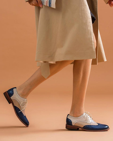 Contrast Color Perforated Lace-Up Oxfords