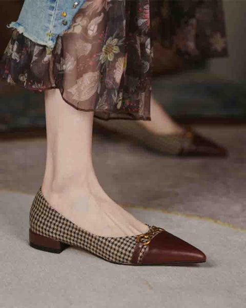 Pointed-toe Houndstooth Splicing Buckle Flat Slip-on