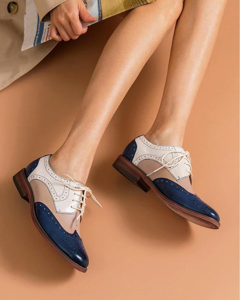 Contrast Color Perforated Lace-Up Oxfords