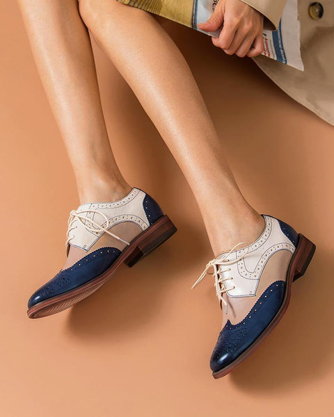 Contrast Color Perforated Lace-Up Oxfords