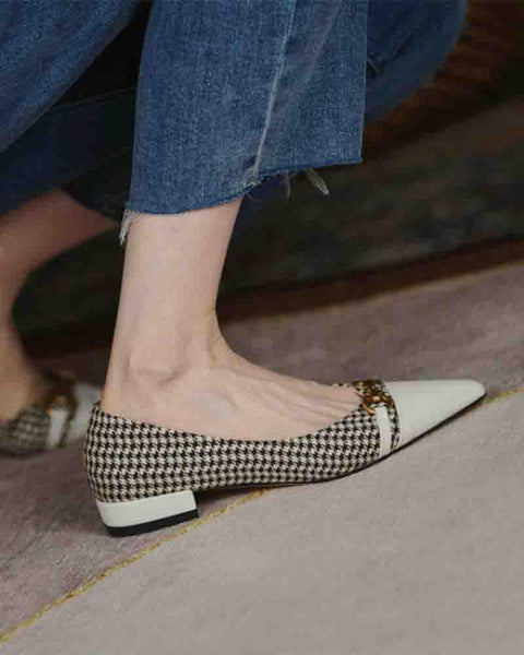 Pointed-toe Houndstooth Splicing Buckle Flat Slip-on
