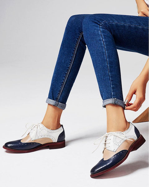 Contrast Color Perforated Lace-Up Oxfords