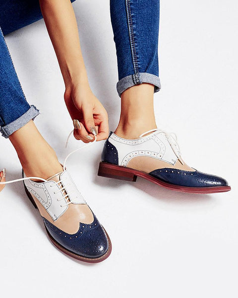 Contrast Color Perforated Lace-Up Oxfords