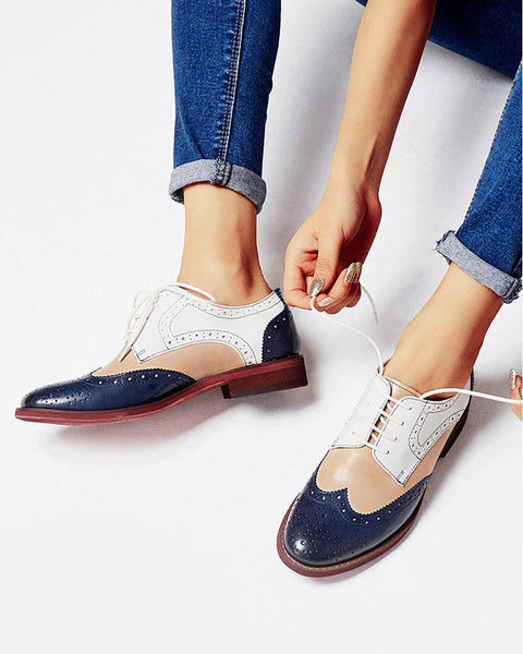 Contrast Color Perforated Lace-Up Oxfords