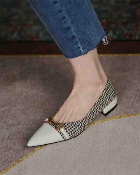 Pointed-toe Houndstooth Splicing Buckle Flat Slip-on
