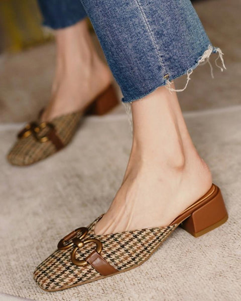 Square-toe Houndstooth Print Splicing Buckle Muller Shoes