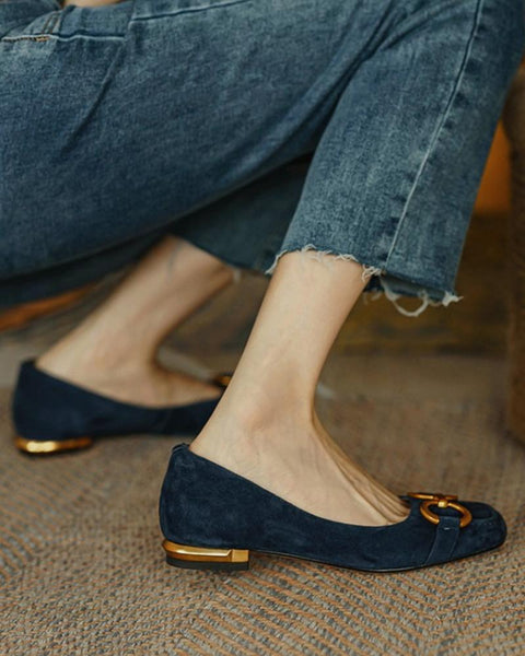 Square-toe Solid Color Splicing Chain Suede Flat Shoes