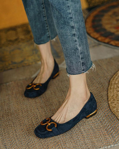 Square-toe Solid Color Splicing Chain Suede Flat Shoes