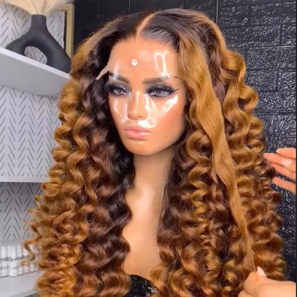 Caramel Brown Water Wave Lace Front Human Hair Wig Dark Root Lace Front Ombre Color Wig