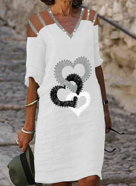 Print/Sequins/Heart 1/2 Sleeves Shift Knee Length Casual Tunic Dresses